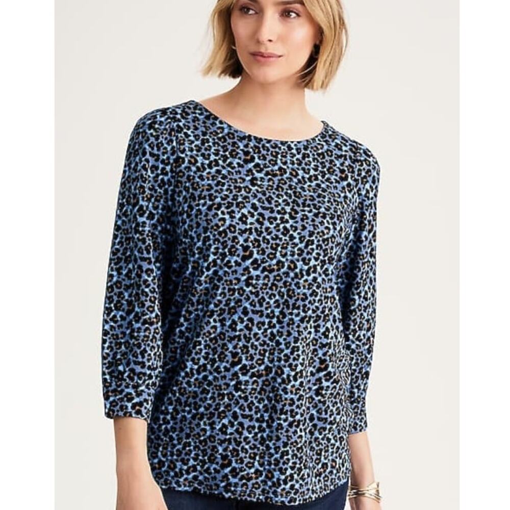 J. Jill Leopard Print Ponte Knit Top Womens Size 2X Blue Black Puff Sleeve